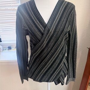 Black and White Striped V-Neck Sweater